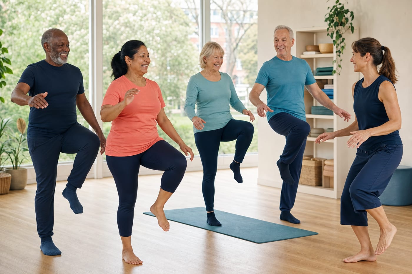 A diverse group of adults over 55 enjoying a supported balance and mobility session