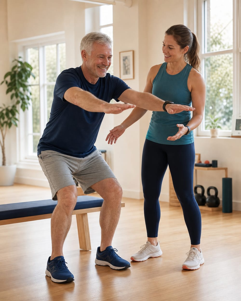 A beginner in his late fifties completing a supported sit-to-stand with a friendly trainer