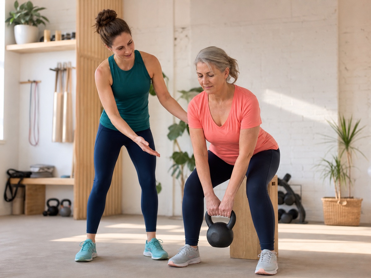 A beginner receiving calm, close guidance during a simple strength exercise