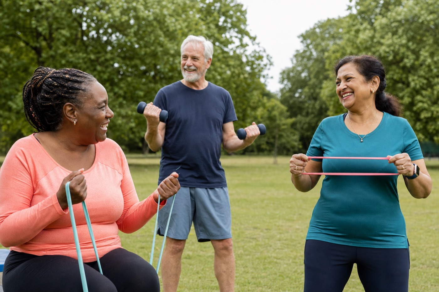 Adults of different backgrounds smiling during an accessible outdoor fitness session