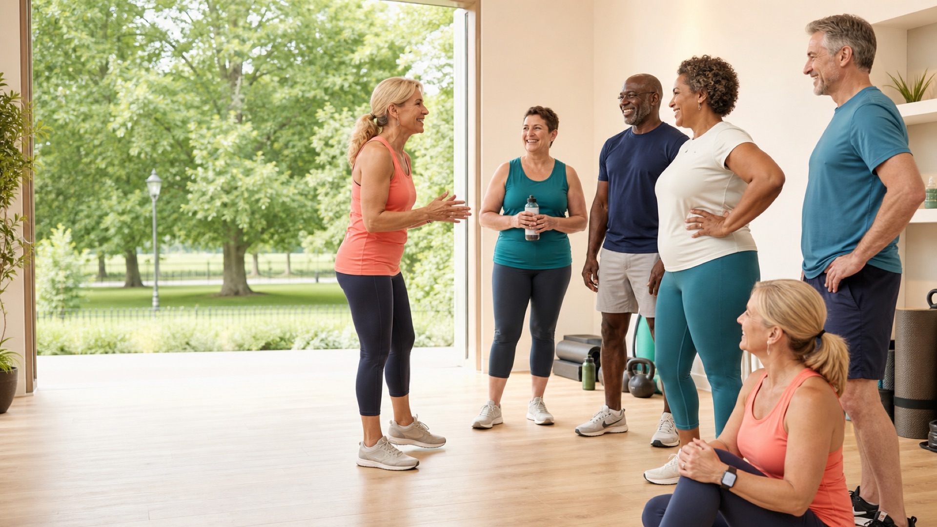 A friendly mixed group of adults enjoying a relaxed fitness session in a bright studio beside a park