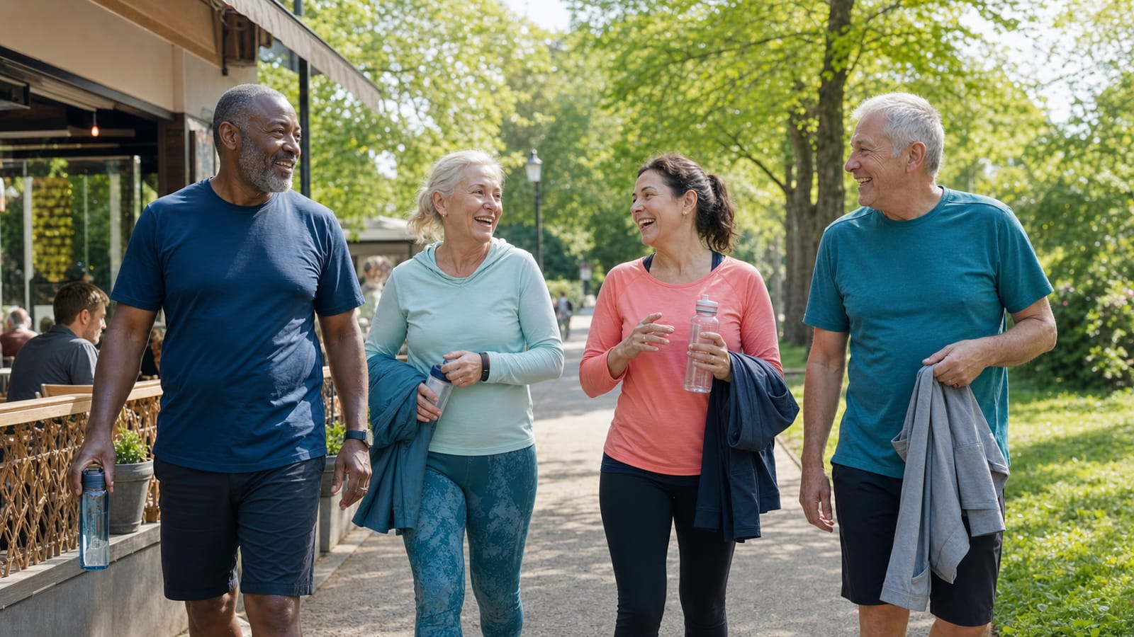 A mixed group of adults over 50 walking and laughing together after an outdoor fitness session