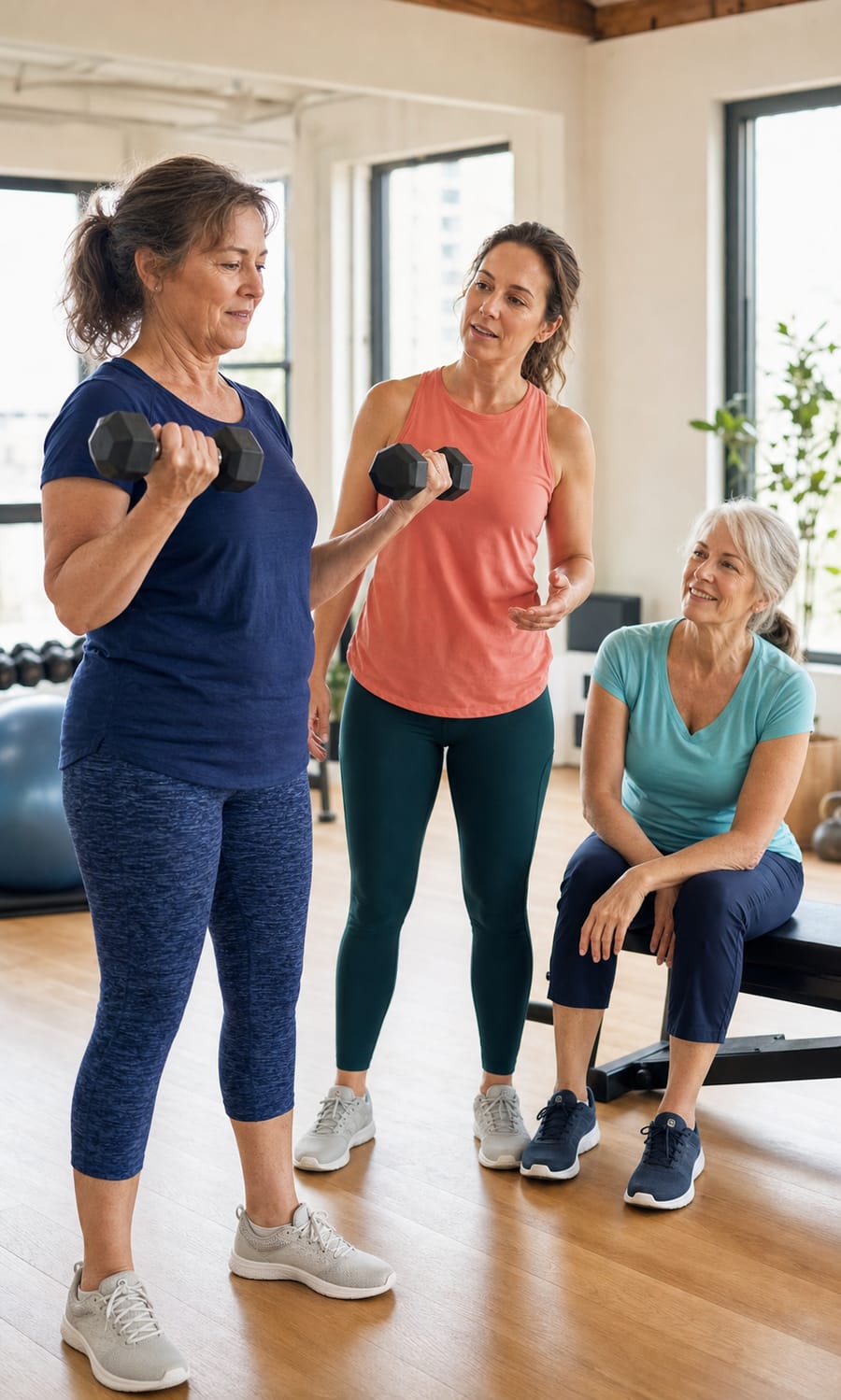 Women in midlife learning approachable strength training together